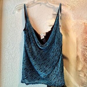 Blue Sequin Draped Tank Top